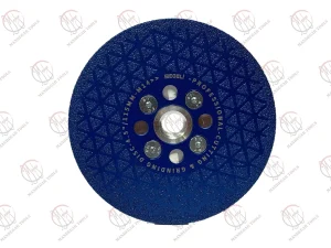 دیسک وکیوم بریز مثلثی ایگلی قطر 115 میلی‌متر، رنگ آبی، دارای فلنچ و مهره M14، مناسب برای برش و سایش مواد مختلف.