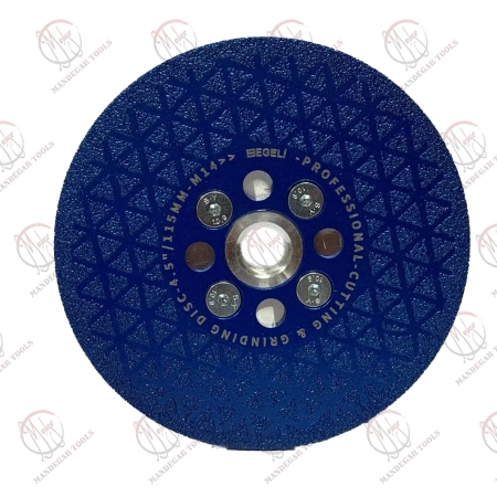 دیسک وکیوم بریز مثلثی ایگلی قطر 115 میلی‌متر، رنگ آبی، دارای فلنچ و مهره M14، مناسب برای برش و سایش مواد مختلف.