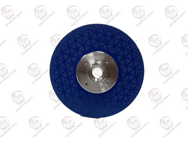 دیسک وکیوم بریز مثلثی ایگلی قطر 115 میلی‌متر، رنگ آبی، دارای فلنچ و مهره M14، مناسب برای برش و سایش مواد مختلف.