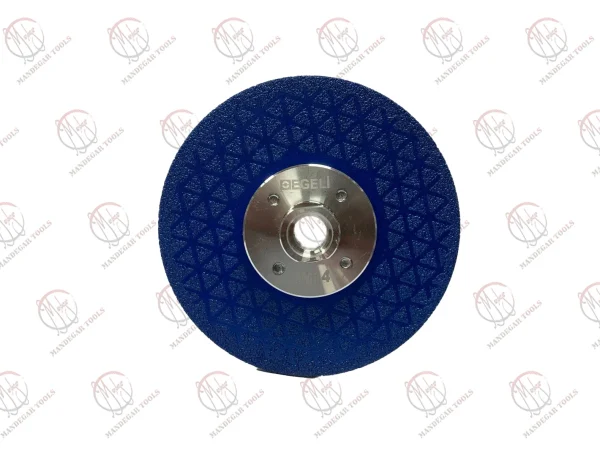 دیسک وکیوم بریز مثلثی ایگلی قطر 115 میلی‌متر، رنگ آبی، دارای فلنچ و مهره M14، مناسب برای برش و سایش مواد مختلف.