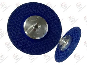 دیسک وکیوم بریز مثلثی ایگلی ، رنگ آبی، دارای فلنچ و مهره M14، مناسب برای برش و سایش مواد مختلف.