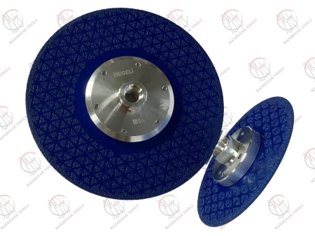 دیسک وکیوم بریز مثلثی ایگلی ، رنگ آبی، دارای فلنچ و مهره M14، مناسب برای برش و سایش مواد مختلف.