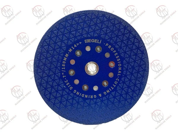 دیسک وکیوم بریز مثلثی ایگلی ، رنگ آبی، دارای فلنچ و مهره M14، مناسب برای برش و سایش مواد مختلف.